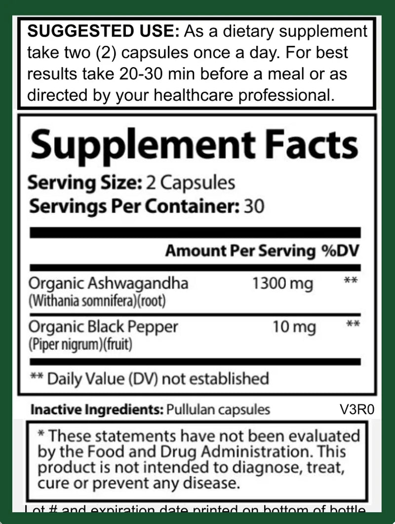 Organic Ashwagandha Supplement 1300Mg with Black Pepper - Anxiety & Stress Relief, Enhance Mood - 60 Capsules