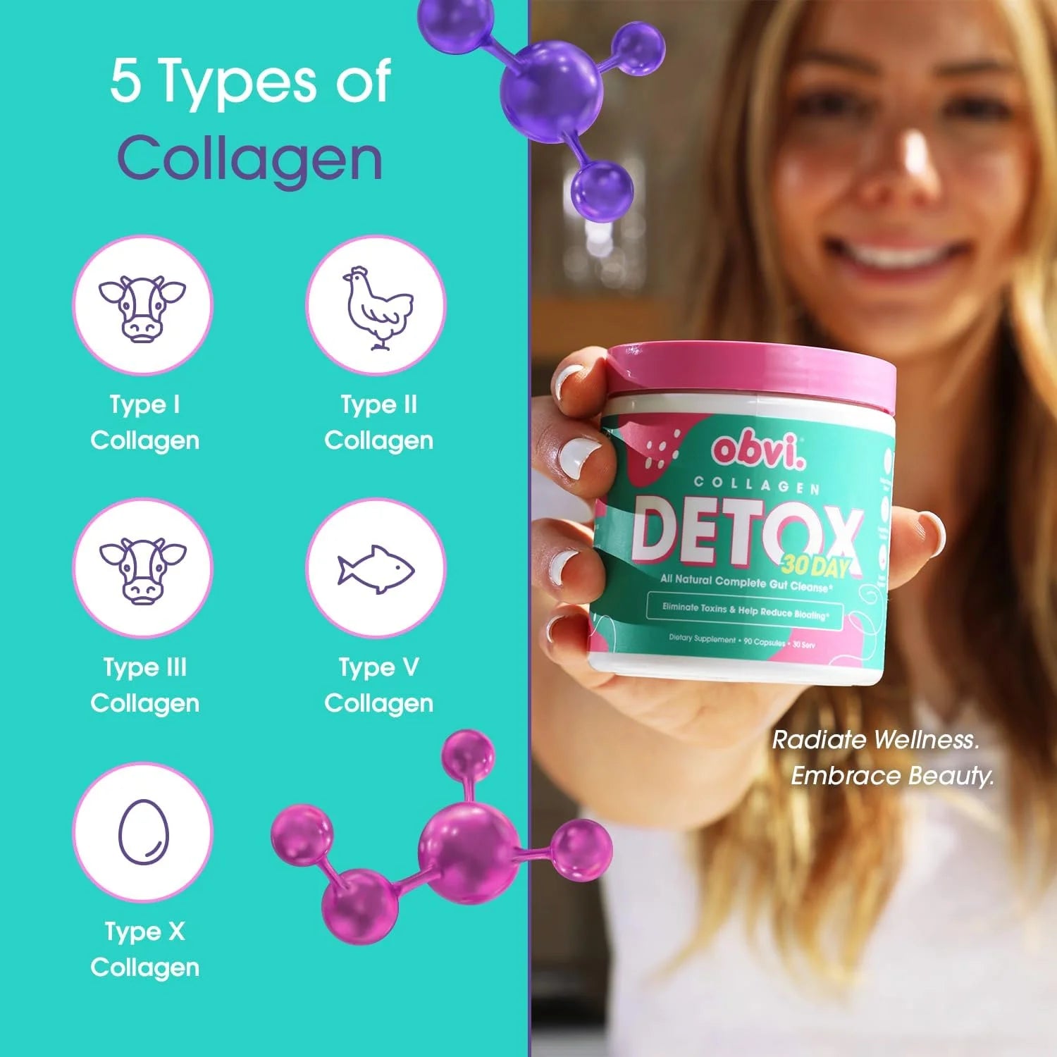 30 Day Collagen Detox, All Natural Complete Gut Cleanse, 90 Capsules (30 Servings)