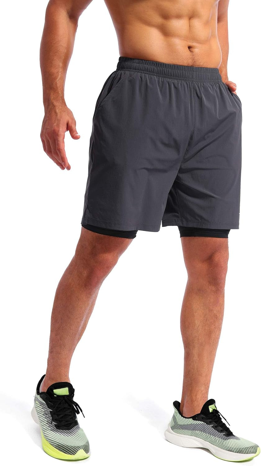 Men’S 2 in 1 Running Shorts 7" Quick Dry Gym Athletic Workout Shorts for Men with Phone Pockets