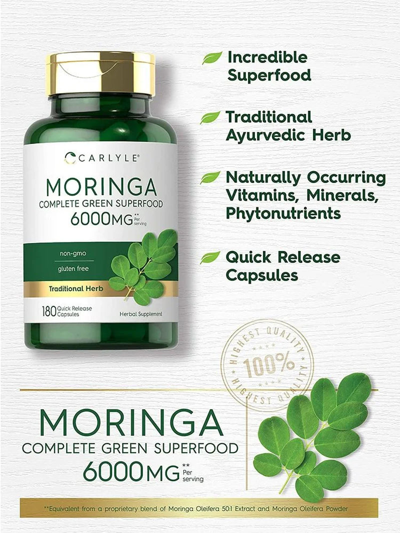 Moringa Oleifera | 6000 Mg | 180 Powder Capsules for Men and Women | by