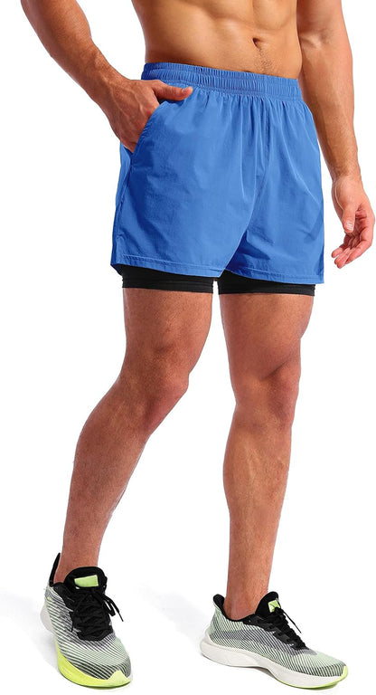 Men’S 2 in 1 Running Shorts 5" Quick Dry Gym Athletic Workout Shorts for Men with Phone Pockets