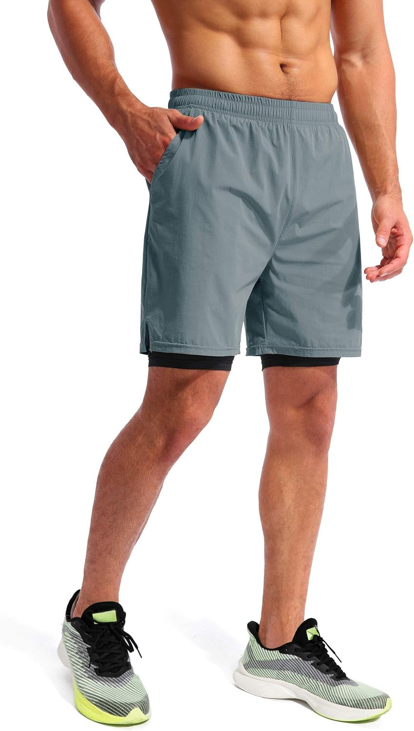 Men’S 2 in 1 Running Shorts 7" Quick Dry Gym Athletic Workout Shorts for Men with Phone Pockets