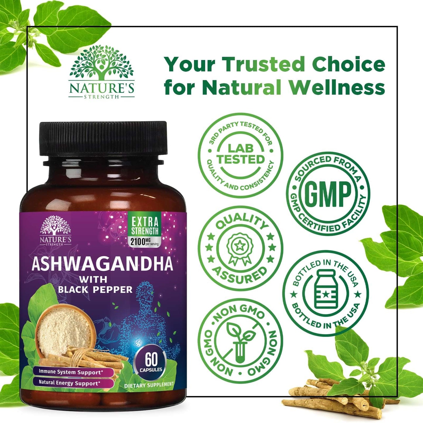 Ashwagandha Extra Strength 1950 Mg - Ashwagandha Supplements for Antioxidant & Calm Support, Nature'S Vegan Ashwagandha Powder, Ashwagandha Capsules, Non-Gmo & Gluten Free - 60 Capsules