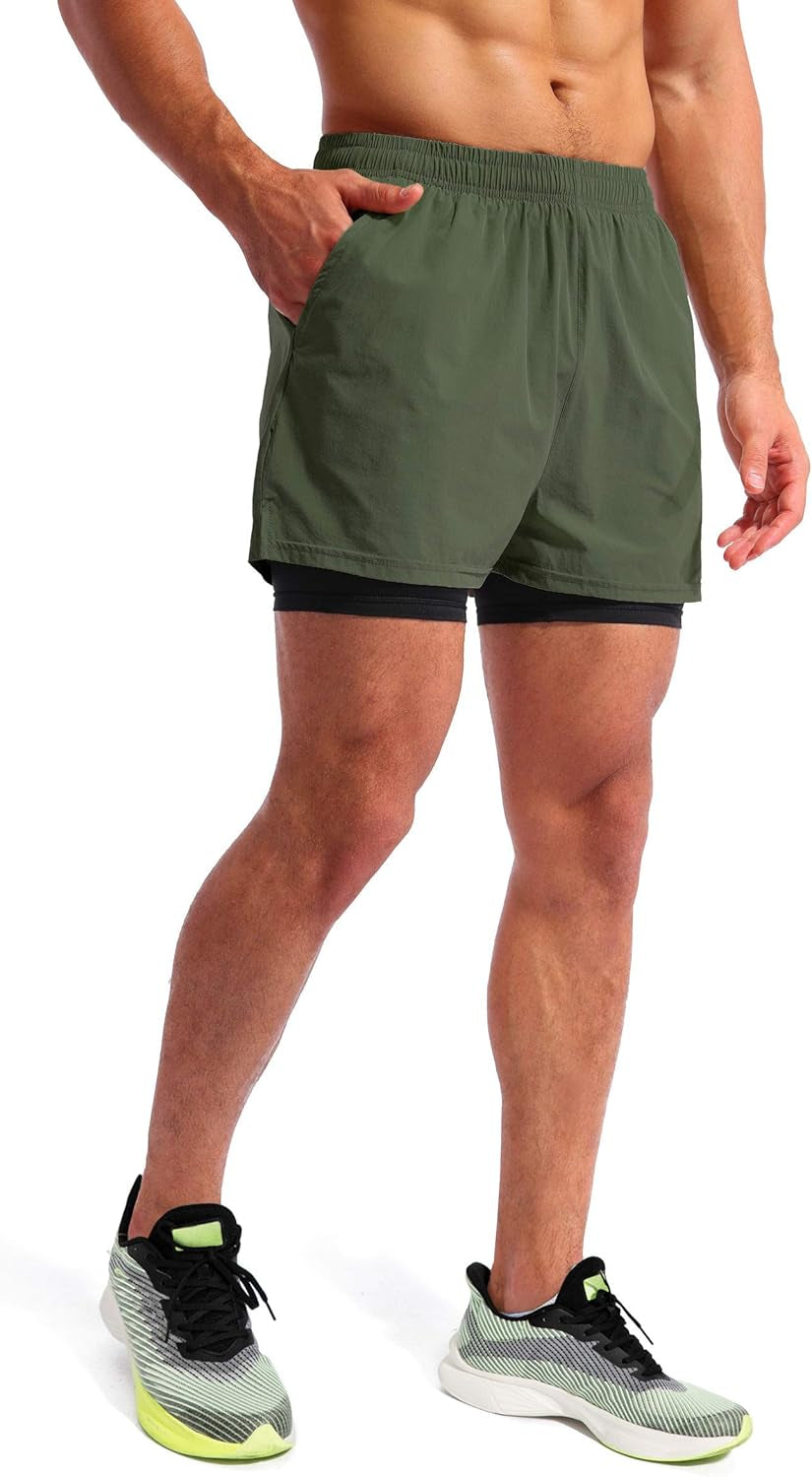 Men’S 2 in 1 Running Shorts 5" Quick Dry Gym Athletic Workout Shorts for Men with Phone Pockets