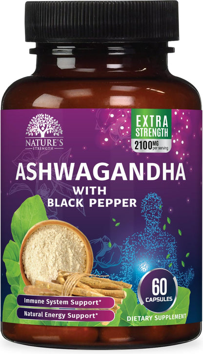 Ashwagandha Extra Strength 1950 Mg - Ashwagandha Supplements for Antioxidant & Calm Support, Nature'S Vegan Ashwagandha Powder, Ashwagandha Capsules, Non-Gmo & Gluten Free - 60 Capsules