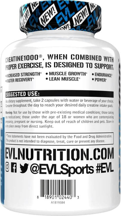 Creatine Monohydrate Pills 120Ct - EVL Nutrition Muscle Builder & Recovery Supplement - Creatine Capsules 1000Mg