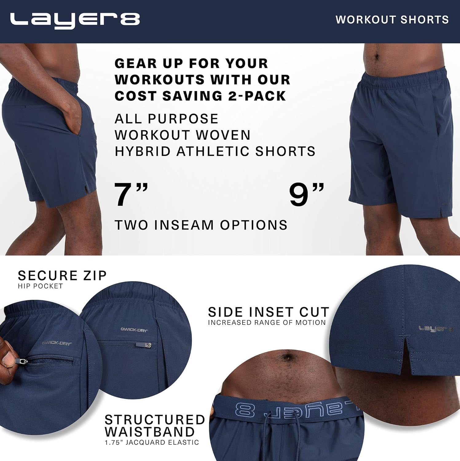 Men’S Shorts Two Pack All Purpose 7 and 9 Inch Woven Stretch Athletic Training Shorts with Pockets and Zip Pocket