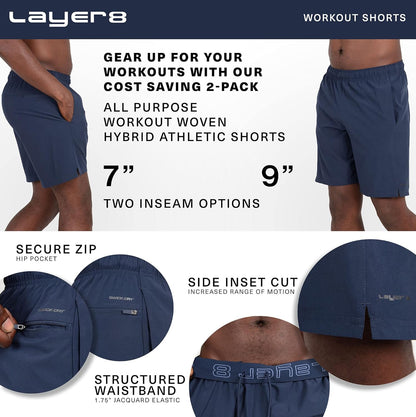 Men’S Shorts Two Pack All Purpose 7 and 9 Inch Woven Stretch Athletic Training Shorts with Pockets and Zip Pocket