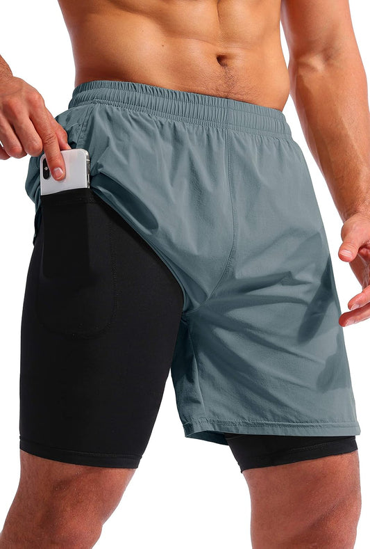 Men’S 2 in 1 Running Shorts 7" Quick Dry Gym Athletic Workout Shorts for Men with Phone Pockets