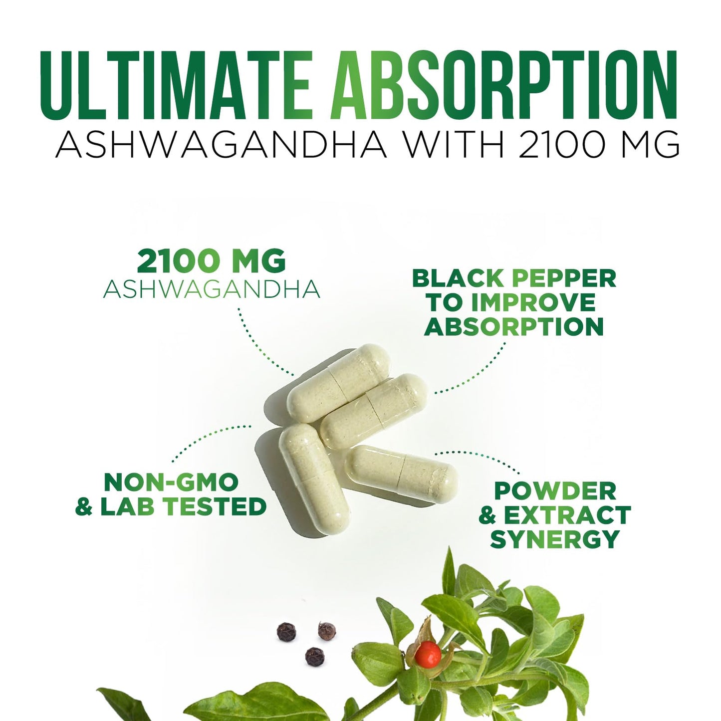 Ashwagandha Extra Strength 1950 Mg - Ashwagandha Supplements for Antioxidant & Calm Support, Nature'S Vegan Ashwagandha Powder, Ashwagandha Capsules, Non-Gmo & Gluten Free - 60 Capsules