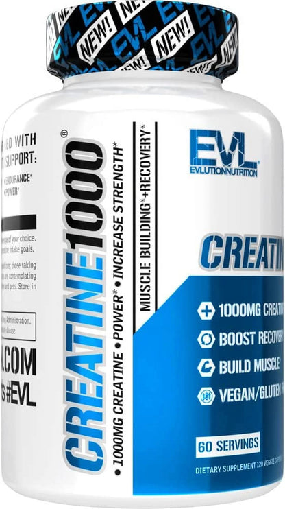 Creatine Monohydrate Pills 120Ct - EVL Nutrition Muscle Builder & Recovery Supplement - Creatine Capsules 1000Mg