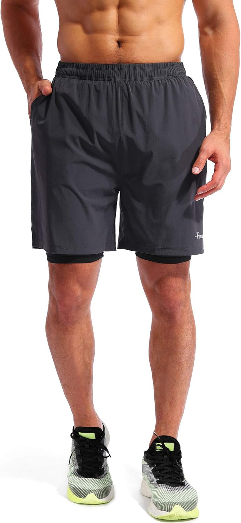 Men’S 2 in 1 Running Shorts 7" Quick Dry Gym Athletic Workout Shorts for Men with Phone Pockets